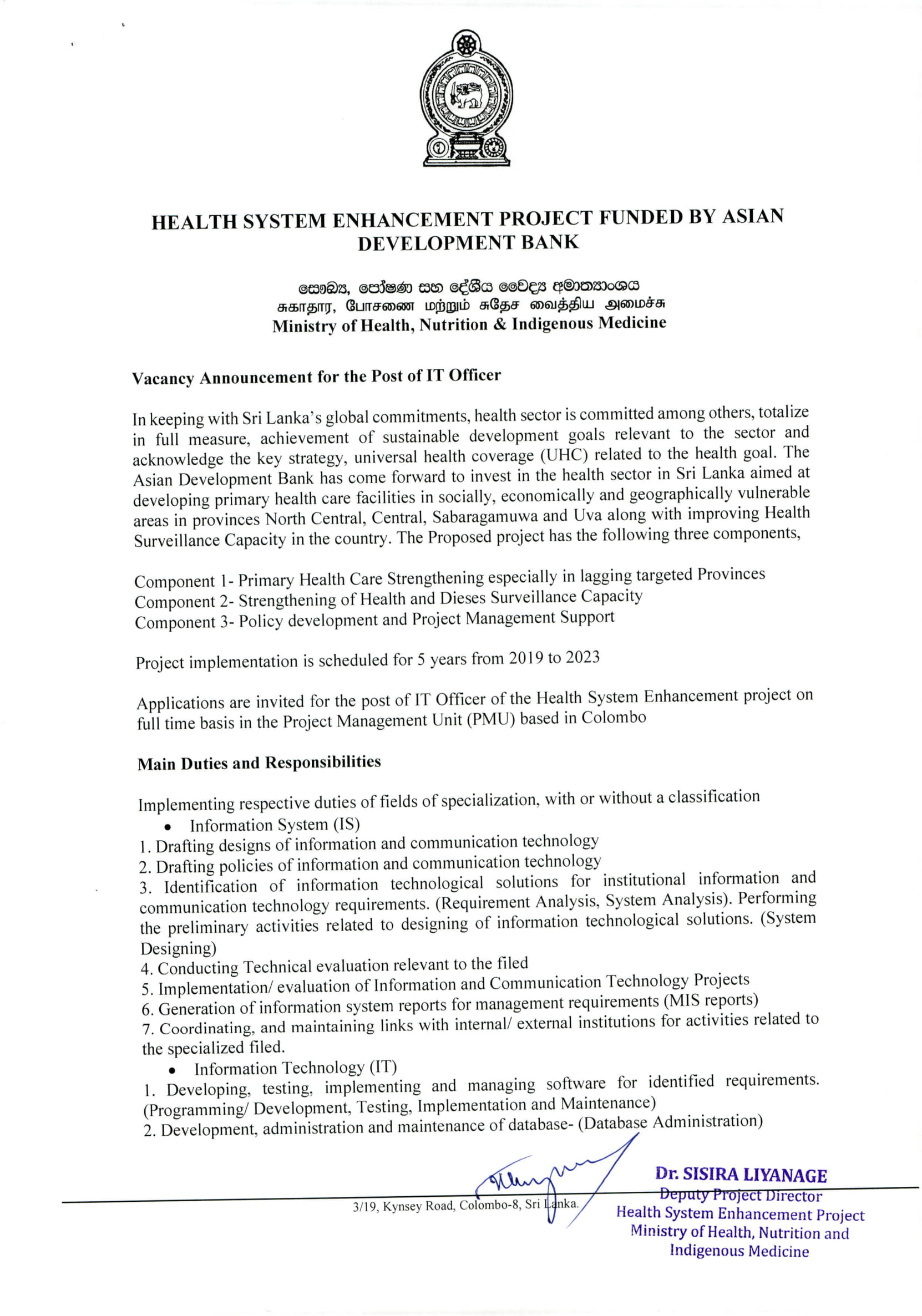 IT Officer - Ministry of Health, Nutrition & Indigenous Medicine